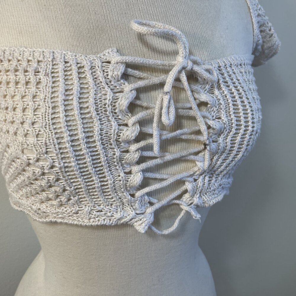 White Boho Crochet Crop top adjustable strings and over the shoulder sleeves
